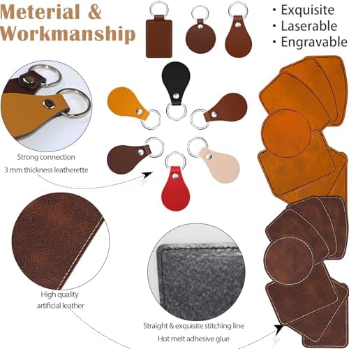 60 Pcs Lasable Engravable Blanks - Leatherette Iron on Hat Patches & PU Leather Key Fob Kit for DIY Custom Laser Engraving Craft Gifts