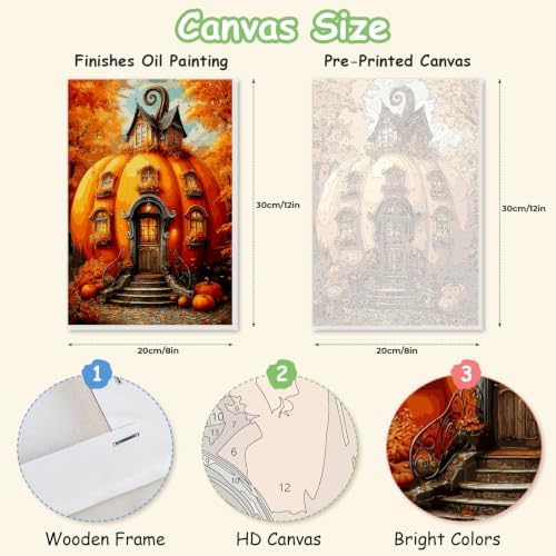 Spandrel Pumpkin House Framed Paint by Numbers Kit for Adult, Halloween Adult Paint by Number Kits on Canvas, DIY Acrylic Oil Easy Autumn Painting by Numbers Fall for Home Wall Decor, 8x12in