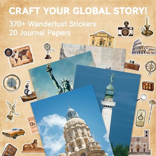52 Sheets World Travel Stickers & Scrapbook Paper Set - Vintage Travel Themed for Scrapbooking Journaling Junk Journal Planner - Retro Adventure Stickers for DIY Crafts