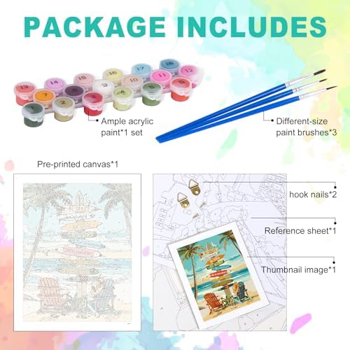 Paint by Numbers Kit for Adults, Beach Sign Number Painting, 16 x 20 Inch | DIY Adult Paint by Number Kit on Canvas for Beginners, without Frame, Coastal Wall Decor, Stress Relief Craft Gift