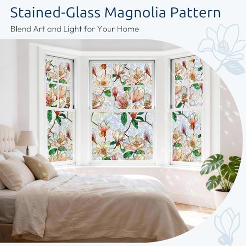rabbitgoo Window Privacy Film Rainbow, Floral Magnolia, 17.5" x 118.1"