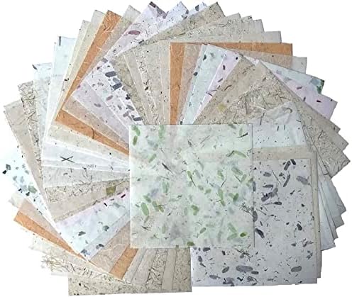 Natural Fiber Mulberry Paper 8 x 8 Inches, 50 Sheets Handmade Banana Bark, Flowers, Leaves,& Botanical Paper for Origami, Scrapbooking, Card Making, DIY Crafts, Mixed Media & Decorative Projects