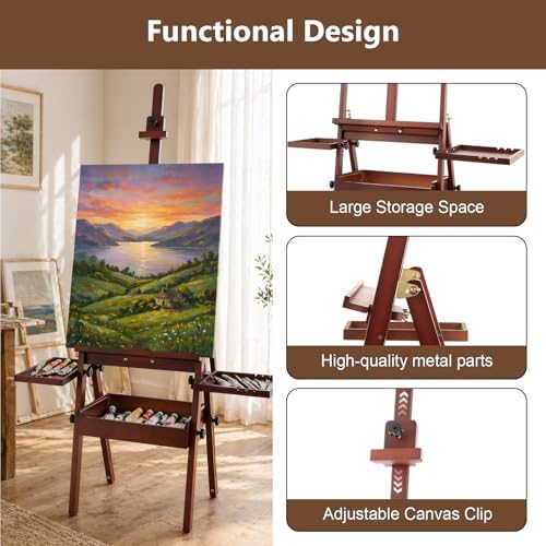 Wooden H-Frame Studio Easel with Storage Drawer and Palettes, Walnut | Solid Beechwood Painting Easel for Students, Beginners, and Artists, Hold Canvas to 36Inches High