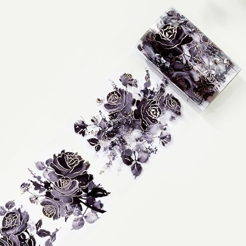 WT Rose Noir Wide PET Tape Gilded,Single Roll,Original Designs,Black Floral Decors,Transparent Clear Adhesive Tape,Gold Foil,Scrapbooks Junk Bujo Journals Planners DIY Crafts Supplies Gifts