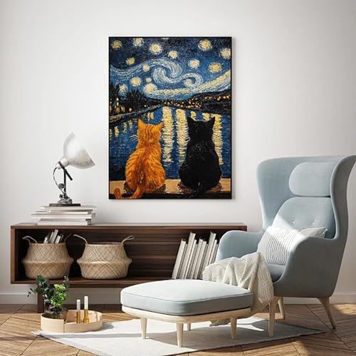 RYMILIE Cat Diamond Art Kits for Adults Diamond Painting Kit 12x16in | 5D Starry Night Diamond Art Painting Kit for Beginners, DIY Full Square Cat Gem Art Crafts for Home Wall Decor Gift