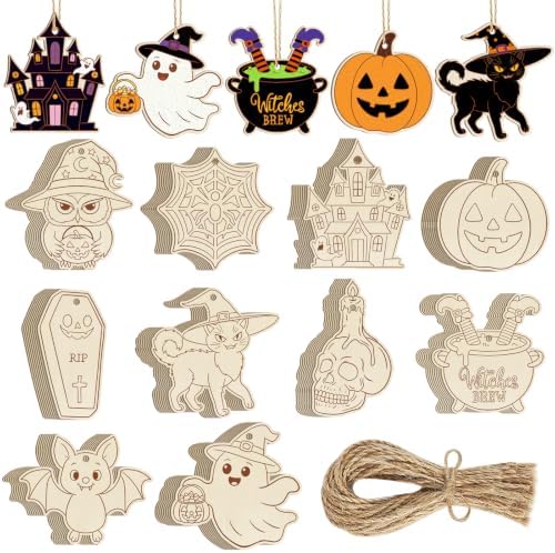 80PCS Wooden Halloween Ornaments to Paint Fall Decorations Crafts for Kids, 10 Styles DIY Blank Autumn Unfinished Skull Pumpkin Ghost Bat Boo Witch Feet Spiderweb Halloween Cutouts for Party Hanging