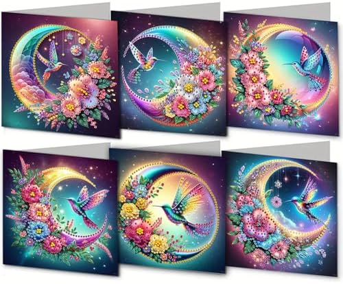 Diamond Art Cards with Envelopes–6PCS DIY Diamond Painting Greeting Cards Kit | Card Making Kit with Bling for Adults & Beginners | Birthday,Holiday & Thank You Cards (Hummingbird and Moon)