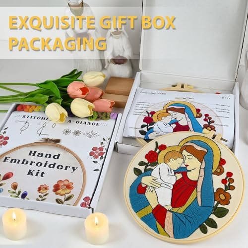 Christian Embroidery Kit for Beginners Adults, Virgin Mary Easy Cross Stitch Kit Jesus and The Holy Mother Mary Pattern Embroidery Starter Kits with Wooden Hoop Needles Threads and Instruction