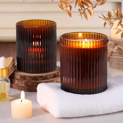 Amber Candle Jars with Lids, 8-Pack 12oz Ribbed Glass Candle Containers
