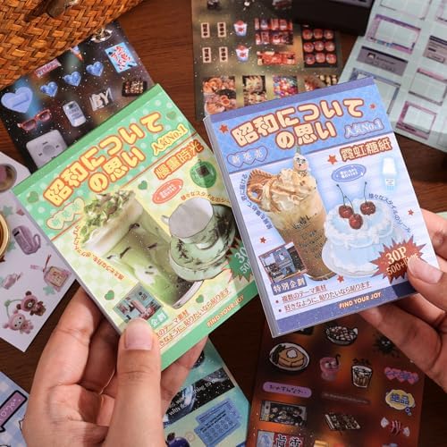 2PCS Girl's Japanese Retro Sticker Book, Food and Daily Life Theme - 500+ Cute Old Showa Style Foodie Stickers, for DIY Scrapbooking Journaling Handbook Decoration