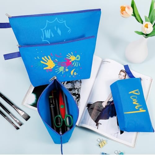 10 Pieces Cotton Canvas Makeup Bag with Bottom and Strap, Multi-Purpose Cosmetic Bag with Zipper Travel Toiletry Pouch, Blank DIY Craft Bag (Blue, XS)
