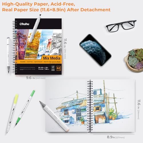 Ohuhu 8.8x11.6 Mix Media Pad Art Sketchbook 62 Sheets for Painting Drawing | Large Sketch Book - 120 LB/200 GSM Heavyweight Paper - Spiral-Bound Mixed Media Paper for Watercolor Acrylic Christmas Gift