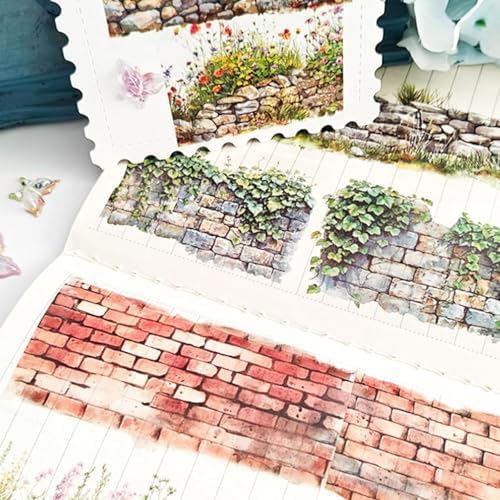 PET Washi Tape Set for Journaling Supplies,6 Rolls Scrapbook Flower Wall Theme Aesthetic Tape Stickers for Scrapbooking,Bullet Journaling,Photo Album,Notebook(Green Field Flower Wall)