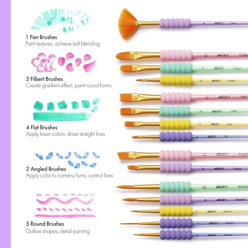 Artify Paint Brushes for Kids, 15-Sizes Paint Brush Set for Kid's Arts and Crafts, Ergonomic Donuts Handle | Macaron Colors Kids Paint Brushes, for Acrylic, Oil, Watercolor, Gouache, Paint by Numbers