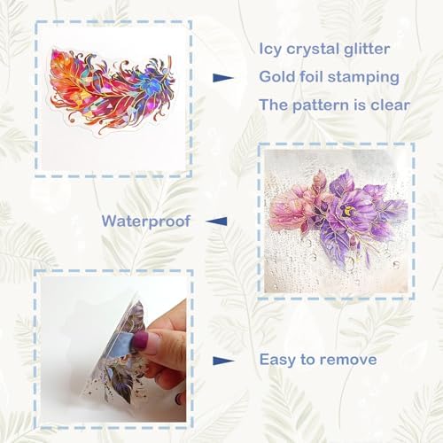 Ychsring Sparkly Fantasy Feather Stickers - 30 Pcs Clear PET Glitter Magic Floral Stickers for Scrapbook, Journal, Junk Journal, Collage - Holographic Transparent for Resin, Craft, Scrapbook Supplies