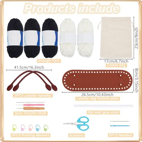 ORIGACH DIY Crochet Handbag Kit for Beginners, Black Striped Tote Bag with PU Leather Band and Base, Complete Crochet Set to Make a Bag, Include Yarn, Hooks, Markers and Instruction