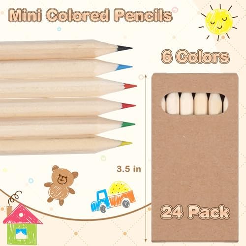 Ctosree 24 Packs Mini Colored Pencil Bulk 6 Per Box, Natural Wood, 3.5''