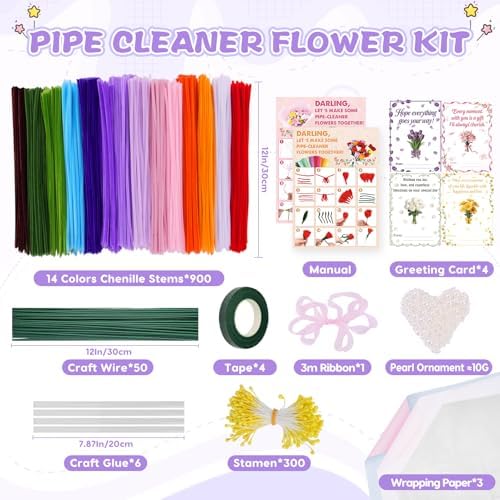 900 PCS Pipe Cleaners Craft, Pipe Cleaner Bulk Flower Kit 14 Colors Chenille Stems Flower Making Kit with Greeting Card, Floral Wires, Tape, Stamen, Floral Wrapping Paper & Ribbon for Art DIY Flowers