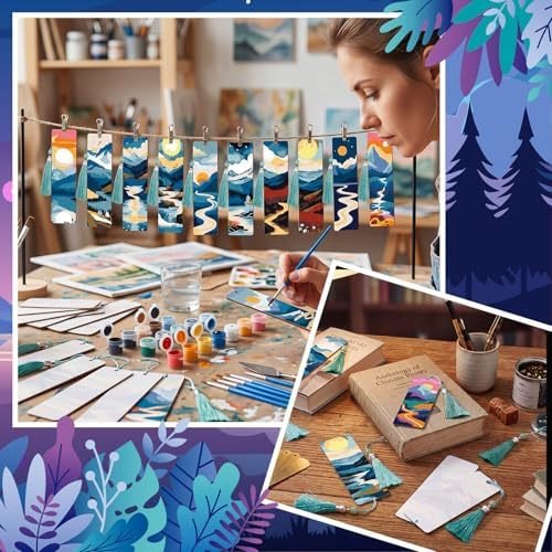 Kosiz 24 Pcs Mountain Paint by Number Kit for Adult Wood Bookmark | Mini Paint by Numbers Kit, Painting Decor, Tassels Blank Bookmarks, for Small DIY Craft Book Lovers Gift 7x2 ''