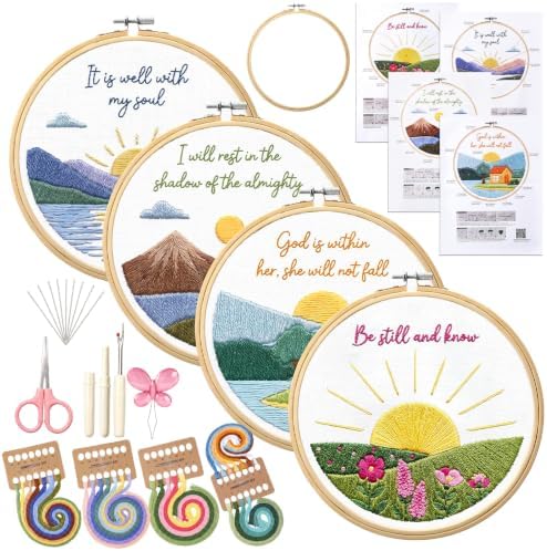 Fanfanwin 4 Pack Christian Embroidery Kit for Beginner Christian Cross Stitch Kits Easy Embroidery with Hoop, Needles, Threads, Instruction, Threads Tools for Hand Craft Lover Women Birthday Gift