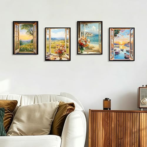 4 Pack Paint by Numbers Kit for Adults with Frame, Window DIY Painting Kit
