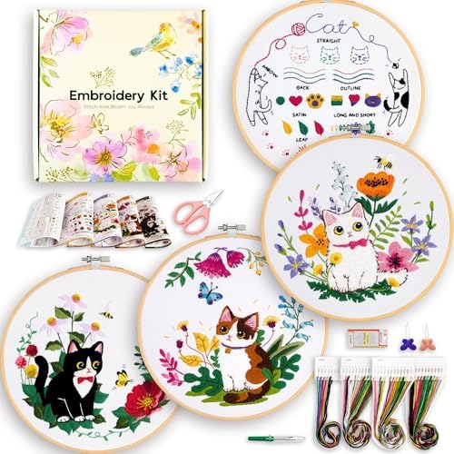 4-Piece Cat Embroidery Kit for Beginners, Needle Point Kit Adults Beginner