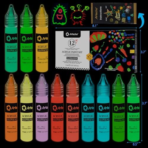 Artecho Glow in the Dark Acrylic Paint Set – 12 Colors x 11ml (0.37oz) | Non-Toxic Waterproof Art Supplies for Canvas Rock Wood Fabric – Rich Pigment Craft Paint for Adults & Hobbyists