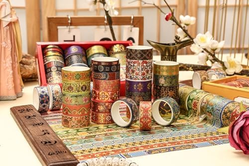 20 Rolls Chinese Style Washi Tape Set, Ancient Palace Pattern Decorative Masking Tapes with Gold Foil, Various Sizes for Craft, Scrapbook, DIY, Gift Wrapping (21-Auspicious Palace Brocade)
