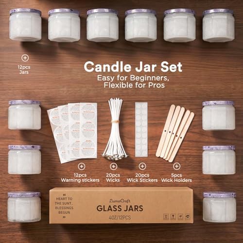 LumaCraft 12 Pack 4oz Glass Candle Jars with Lids, Hexagon Embossed Candle Making Containers, Empty Candle Jars with 20 Wicks & Labels for DIY Candle Making, Party Favors, Home Decor