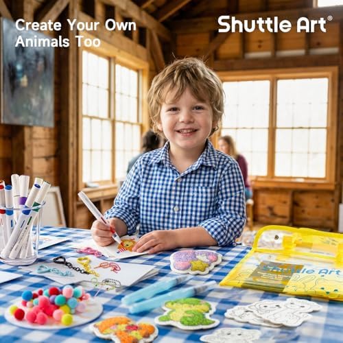 Shuttle Art 63 Pcs Magic Foam Texture Painting Kit Animal Series: 15 Animal Foam Pieces, Coloring Book with 15 Scenes, 12 Acrylic Paint Markers, Magical 3D Effect DIY Art Craft