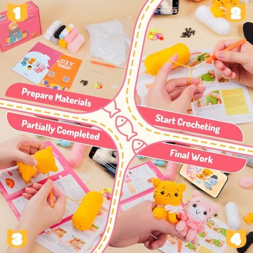 Fortuning's JDS Crochet Kit for Beginners - Cat Crochet Kit with Step-by-Step Video Tutorials, Learn to Crochet Kits for Adults, 4 PCS Crochet Animals Cat with Hat, Toy, Fish Crocheting Set