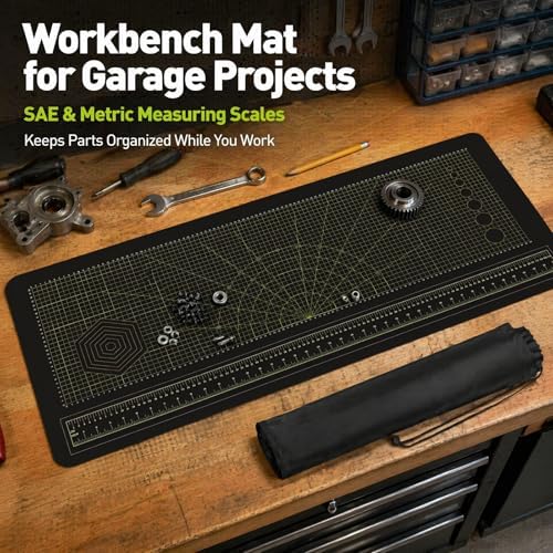 43x16 Inch Durable Workbench Mat, Foldable Rubber Pad with SAE & Metric Measuring Scales, Lightweight Portable Mat with Carry Bag for DIY, Carpentry & Repair Projects (Version 2)