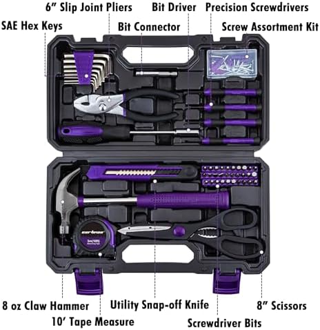 CARTMAN Complete Household Tool Set, Purple Hand Kit With Storage Case | Versatile tool assortment for home repairs, DIY projects, furniture setup, crafting, and daily household fixes in toolbox.