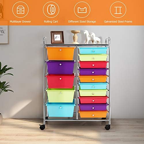 GOFLAME 15-Drawer Rolling Storage Cart, Craft Storage Cart with Removable Drawers & Lockable Wheels, Art Cart Supply Storage Organizer for Home Office Classroom, Multicolor