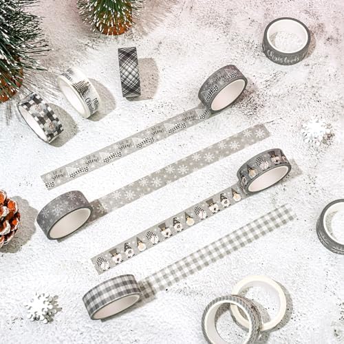 Whaline 12 Rolls Christmas Washi Tape Grey Farmhouse Washi Tape Assorted Xmas Masking Decorative Party Gift Paper Tape for DIY Craft Scrapbook Decor Party Favor Supplies