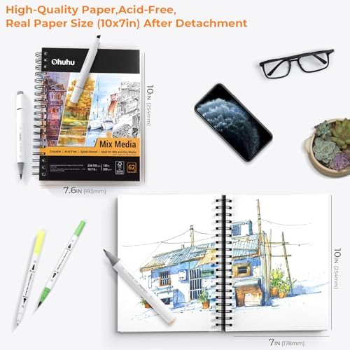 Ohuhu 7"x10" Mix Media Pad Art Sketchbook 62 Sheets for Painting Drawing | Large Sketch Book - 120 LB/200 GSM Heavyweight Paper - Spiral-Bound Mixed Media Paper for Watercolor Acrylic Christmas Gift