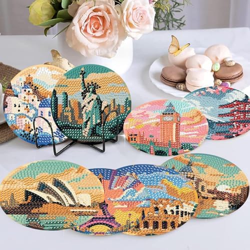 NEGEKFKX 8 Pcs Famous Buildings Diamond Art Painting Coasters Kits ﻿ ﻿