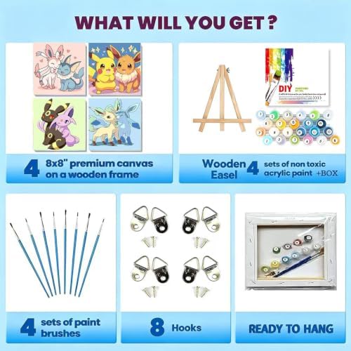 LWZAYS 4 Pack Cartoon Paint by Number for Kids with Wooden Frame-Paint by Numbers for Kids Ages 4-8-12, DIY Paints with Numbers Easy Acrylic Oil Painting Kits for Home Wall Decor (8X8inch)