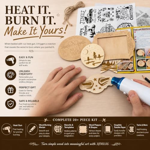 Xenolog Wood Burning Kit for Beginners - Complete 20+ Piece Pyrography Set with Heat Gun, Markers, 9 Wood Plaques, Stencils, Transfer Paper - Art Craft Gift for Adults, Teens, DIY Artists