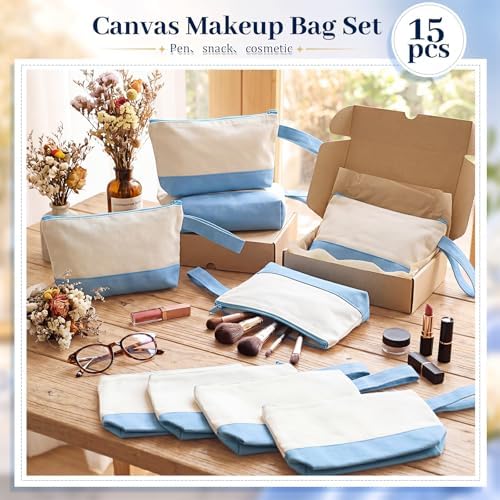 Silkfly 15 Pcs Cotton Canvas Makeup Bags Cosmetic Zipper Bags 10.2 x 5.5 x 2'' Blank DIY Pouch Bulk Pencil Case with Bottom Travel Toiletry Pouch for Women Craft Decor Gift (Beige and Light Blue)