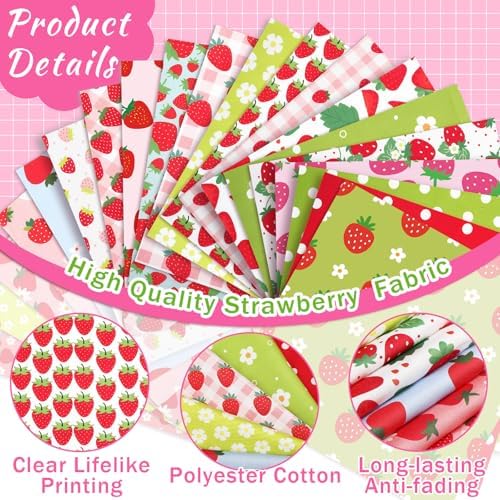 HunnmingRe 20 Pcs 10''x10'' Summer Strawberries Quilting Fabric Squares