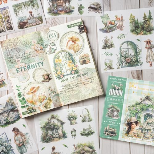 YagCu Garden Journal Stickers, 50 Sheets Washi Junk Journaling Sticker Book, Scrapbook Supplies, Watercolor Scrapbooking for Adults, Green Decorative Ephemera Arts Craft