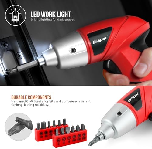 Hi-Spec 3.6V USB Small Power Screwdriver & Home DIY Tool Kit with Case, Red | 19pc, fast assembly help, common screw bit selection, LED visibility, compact grip, quick household fixes, organized storage