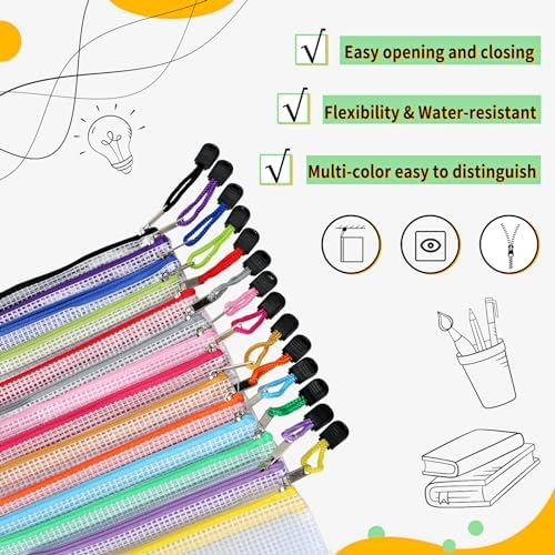 EOOUT 14pcs Zipper Pouches for Organizing, 8 Sizes 14 Colors Waterproof Mesh Bags