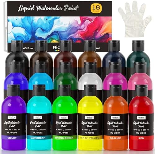 Nicpro 18 Colors Liquid Watercolor Paint Set, 8.45oz Large Bulk Water Color