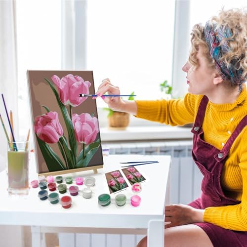 JOOZ Paint by Numbers Kit for Adults Flowers Paint by Numbers Kit with Frame DIY Tulip Paint by Number with Easel Floral Adult Paint by Number Kits Canvas for Gift Home Wall Decor 7.87x11.81 Inch