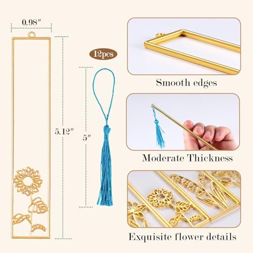 LET'S RESIN 12pcs Bookmark Bezels for Resin with Tassels, UV Resin Molds for DIY Bookmarks, Metal Bookmark Bezels Bulk for Craft Supplies & Wind Chime Accessories (Tape Not Included) (Pack of 3)