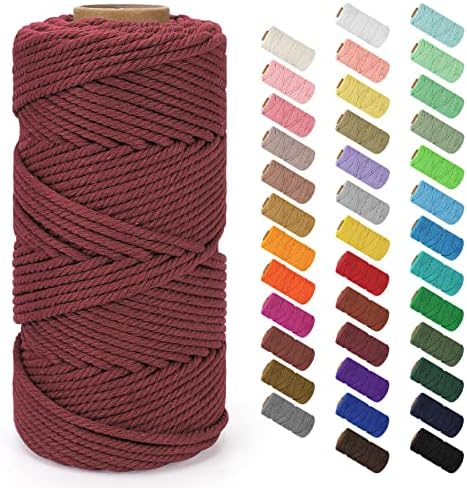 Macrame Cord 4mm x 109Yards (328Feet), Natural Cotton Macrame Rope - 4 Strands Twisted Macrame Cotton Cord for Wall Hanging, Plant Hangers, Crafts, Gift Wrapping and Wedding Decorations, Wine Red