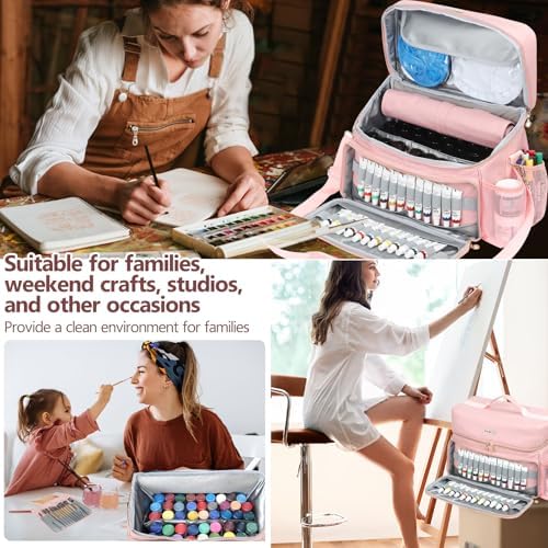 Acrylic Paint and Brush Set Organizer Bag - Carrying Case Compatible with Apple Barrel, Shuttle Art, Caliart Art Supplies - Includes Detachable Paint Brush Holder - for Home/Travel/Outdoor (Pro Pink)