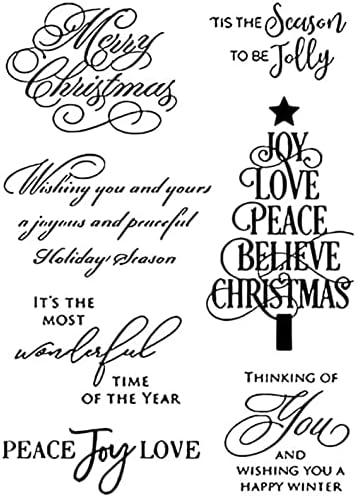 Iridescent Merry Christmas Blessing Words Clear Stamps for Card Making Decoration DIY Scrapbooking,Graceful Handwriting Tree Album Decorative Silicon Stamp Crafts